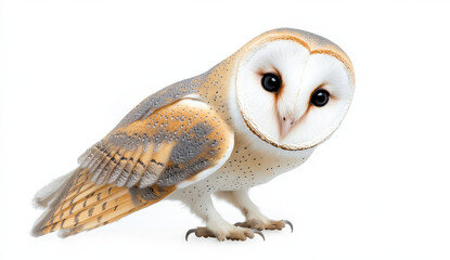 Obraz premium realistic barn owl with striking features and detailed plumage, showcasing its unique colors and textures. This captivating bird stands on white background, emphasizing its beauty and grace