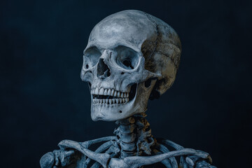 Human skull and skeleton in rich blue lighting, showcasing detailed anatomical features and textures against a dark background.