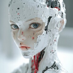 A close-up portrait of a female android with a partially exposed robotic head, featuring intricate circuitry and wires.