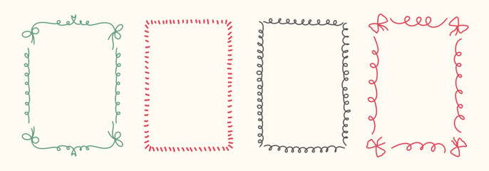Hand Drawn frame set with doodle bows, ribbons. Whimsical line borders for birthday, christmas, wedding Invitations. Coquette bow set. Vintage minimalist elements in trendy line art style. Vector illu