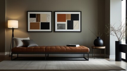 Modern living room with leather daybed, abstract art, and minimalist decor.