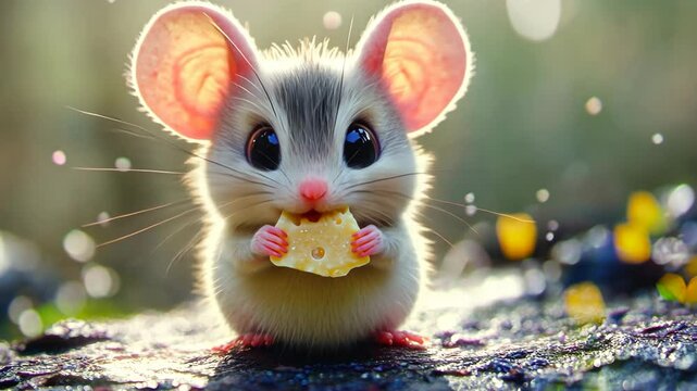 Charming cgi mouse enjoying a delightful nibble of cheese