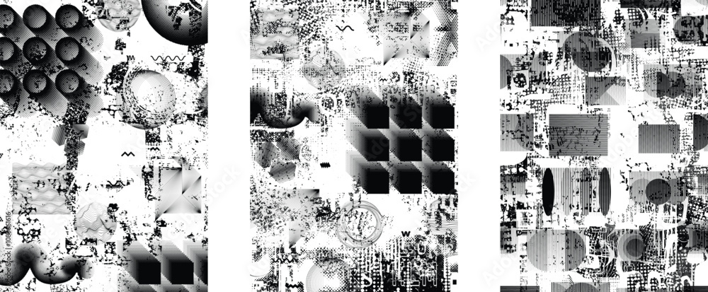 Poster Set of glitch distorted grunge overlay textures. Collection of overlaying textures with halftone dots, scratches and lines .Screen print vector layers pack. Overlays with grunge textured surface