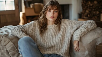 Obraz premium European model showcasing casual elegance in a minimalist sweater and jeans, set in a warm, inviting atmosphere with soft textures and neutral tones