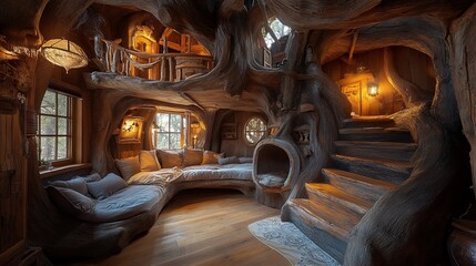 Cozy treehouse interior with wooden stairs, seating, and fireplace.