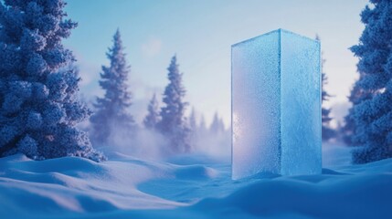 Serene Winter Landscape with Icy Structure Amidst Snow-Covered Trees and Misty Atmosphere in a Tranquil Cold Environment