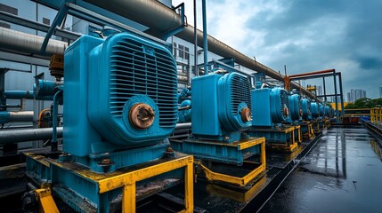 Industrial blue pumps on rooftop, cloudy sky.