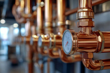 Fototapeta premium Pipes with a pressure gauge. Plumbing and industrial craftsmanship in a modern facility