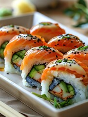 Close-up photo of Dragon Roll sushi with eel, cucumber, and avocado topped with unagi sauce on a light background
