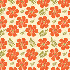Seamless floral pattern with orange flowers and green leaves on white background. Flower pattern for fabrics, wallpapers, textile and decoration. Floral vector pattern.