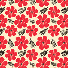 Seamless floral pattern with pink flowers and green leaves on white background. Flower pattern for fabrics, wallpapers, textile and decoration. Floral vector pattern.