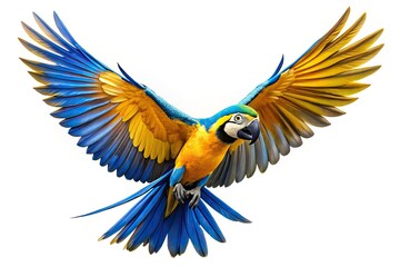 Fototapeta premium A breathtaking silhouette captures a Blue and Gold Macaw soaring gracefully against a pure white background, showcasing its vibrant wings and elegant form in flight.