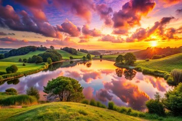A breathtaking sunrise bathes the vibrant landscape in warm hues, as the colorful sky dances with shades of orange, pink, and purple, creating a serene view.