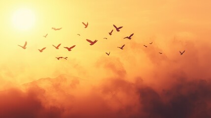 Obraz premium Birds soaring above foggy landscape at sunrise nature photography tranquil environment