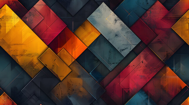 A captivating geometric background with interlocking rectangles in red, yellow, and blue creates an artistic effect for design compositions, full of vibrancy and creativity