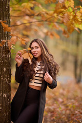 portrait of a beautiful woman with long hair posing in an autumn landscape in a forest