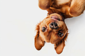 Playful dog lying on its back, showcasing its adorable face and expressive eyes. This charming pet exudes joy and curiosity, perfect for animal lovers