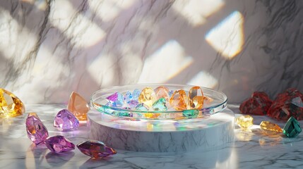 Colorful gemstones arranged artistically on a marble surface with dramatic light reflections creating a visually stunning and vibrant scene for decor or design use.
