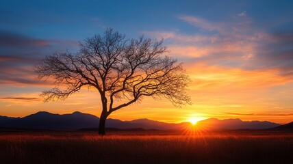 Naklejka premium A serene sunset behind a solitary tree on a vast landscape, highlighting nature's beauty.
