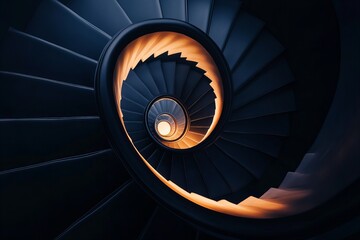 Elegant spiral staircase with glowing golden light at the center, symbolizing infinity, growth, and the journey of life