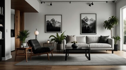 Here's a description and keywords for the image.. Modern minimalist living room with gray sofa, wood accents, and mountain art.