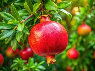 A close-up of a ripe red pomegranate hangs on a tree branch, surrounded by a lush garden, showcasing nature&acirc;&euro;&trade;s beauty in vibrant detail.