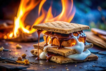 A close-up view of a melting s'more, dripping with gooey marshmallow, captured by the warm glow of the campfire, evoking deliciously surreal moments of culinary bliss.
