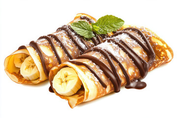 Delicious chocolate banana crepes topped with mint leaves and powdered sugar, perfect for sweet treat