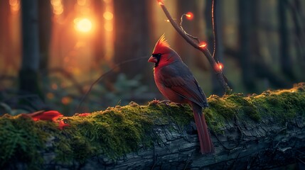 A peaceful forest at twilight, with a pair of cardinals perched on a mossy log, their red plumage contrasting against the soft hues of the setting sun