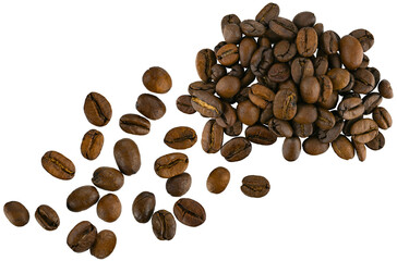 Scattered pile roasted coffee beans isolated on a transparent background. Top view. Completely in focus.