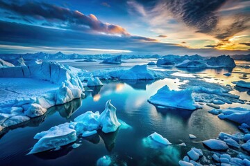 Aerial perspective shows melting glaciers and drifting icebergs, illustrating the dramatic impact of Gulf Stream collapse on Atlantic Ocean circulation and global climate changes.