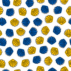 Seamless pattern with blue and yellow seashell