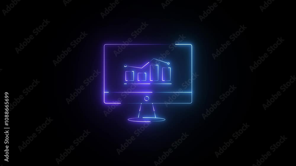 Poster glowing line monitor icon with business graph up to down animation. animation bar chart graph with m