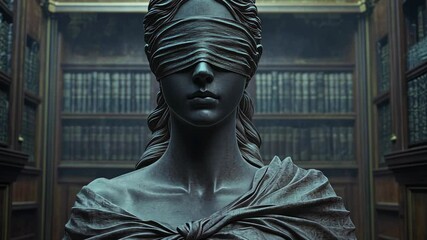 The image features a dark gray stone bust of Lady Justice, her eyes covered by a blindfold
