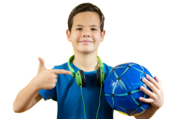 Child boy holding a football wearing headphones isolated over transparent background. PNG transparent.