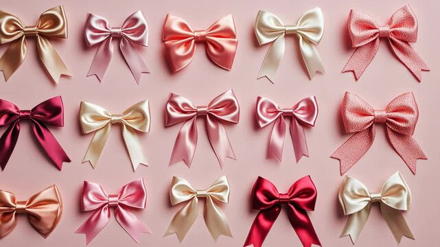A flat lay photograph displays fifteen meticulously arranged satin bows
