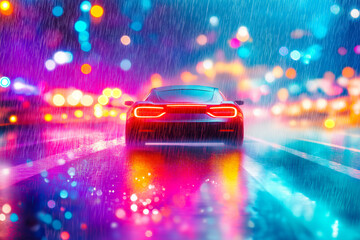 Car navigates a dark, rain-soaked street with vibrant city lights reflecting off wet pavement during heavy rainfall