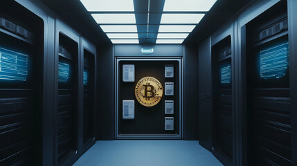 High-tech Bitcoin vault symbolizing the vital need for secure cryptocurrency protection against scams and cyber threats highlighting the importance of safeguarding digital assets in a new economy