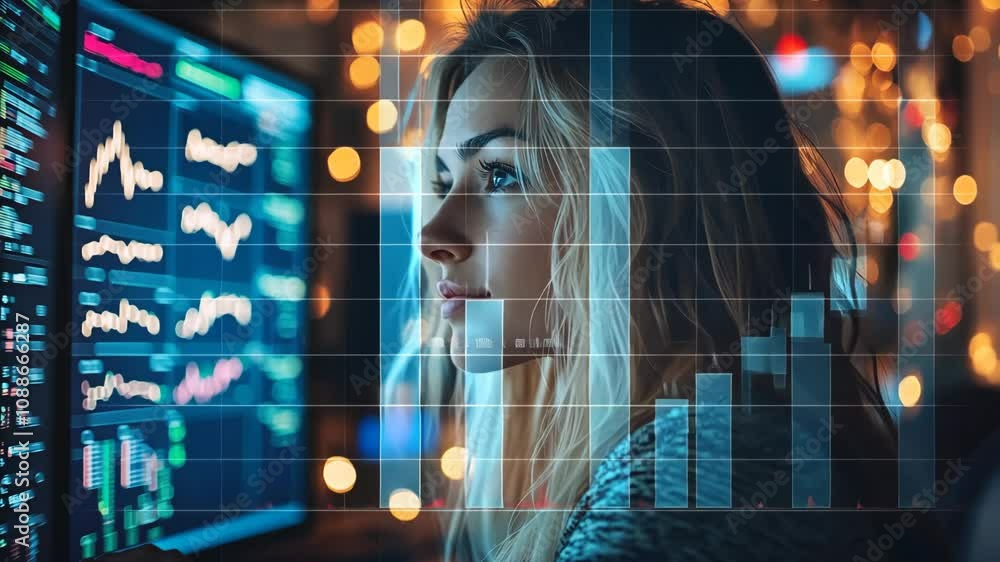 Poster a woman sits before a large computer screen displaying complex financial charts and graphs