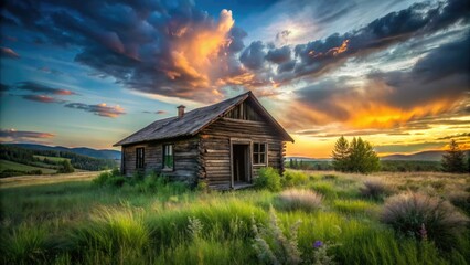 A long exposure captures the haunting beauty of an abandoned log cabin, nestled amidst the rugged homesteader landscape, echoing stories of resilience and solitude.