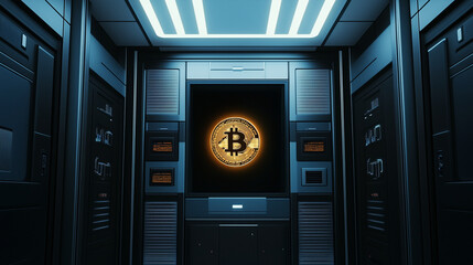 Fototapeta premium Bitcoin storage vault symbolizing the increasing demand for robust security measures in decentralized finance to combat scams and ensure the safe handling of crypto investments