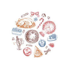Holiday food and desserts illustration in vintage style