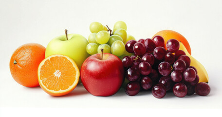 Fresh fruits including oranges, apples, grapes, and bananas arranged beautifully. vibrant display of healthy snacks, perfect for any occasion