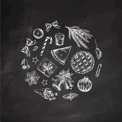 Christmas vintage holiday illustration with festive elements on chalkboard background