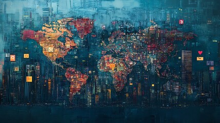 Digital map of the world with icons representing networking connection background