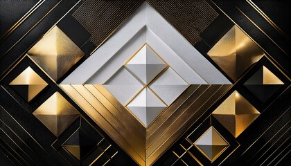 Obraz premium 幾何学模様が重なっている金色と黒色のモダンで抽象的な背景画像。（A black and gold modern abstract background image with overlapping geometric patterns.） 