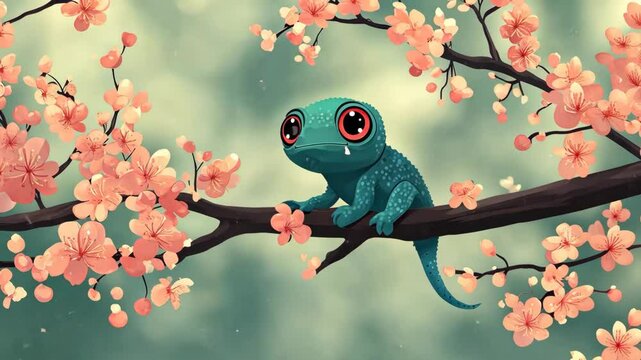 A small, teal lizard with large eyes perches gently on a branch of a cherry tree