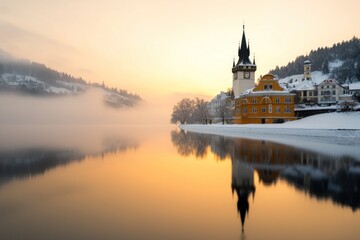 Fototapeta premium Winter sunrise reflection lake town scenic photography snowy landscape serene viewpoint tranquil beauty