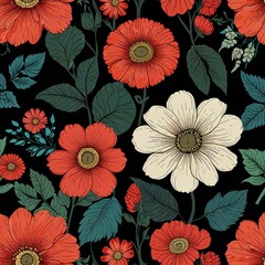 seamless pattern with flowers black background