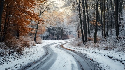 Obraz premium Winding Snow Covered Road in Winter Forest